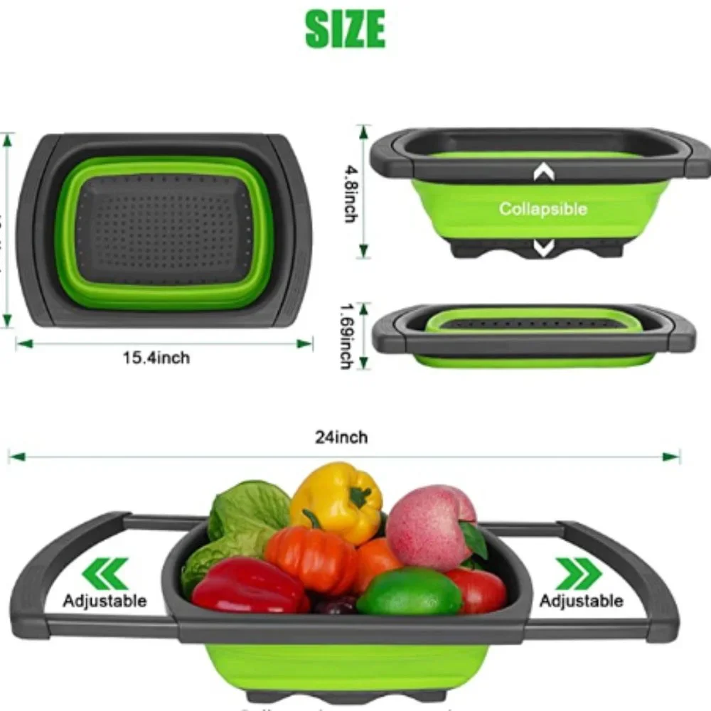 Collapsible Strainer w/ Extendable Handle Over The Sink - Silicone Colander 6Qt